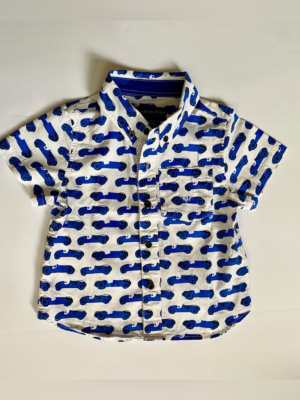 Andy & Evan White Short-Sleeve Button-Down Shirt with Blue Car Print